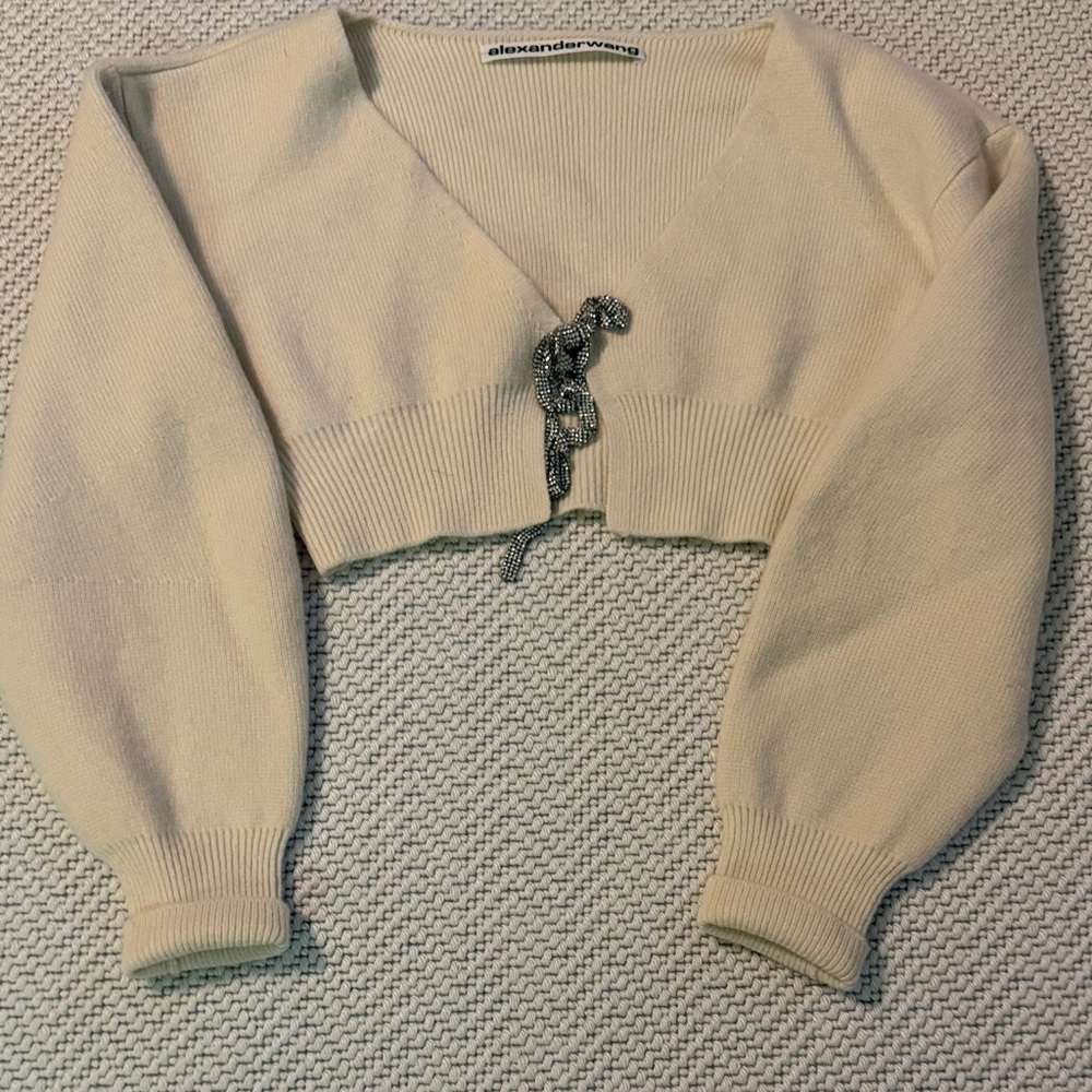 Alexander Wang Cropped V-Neck Knit Cardigan with Decorative Clasp